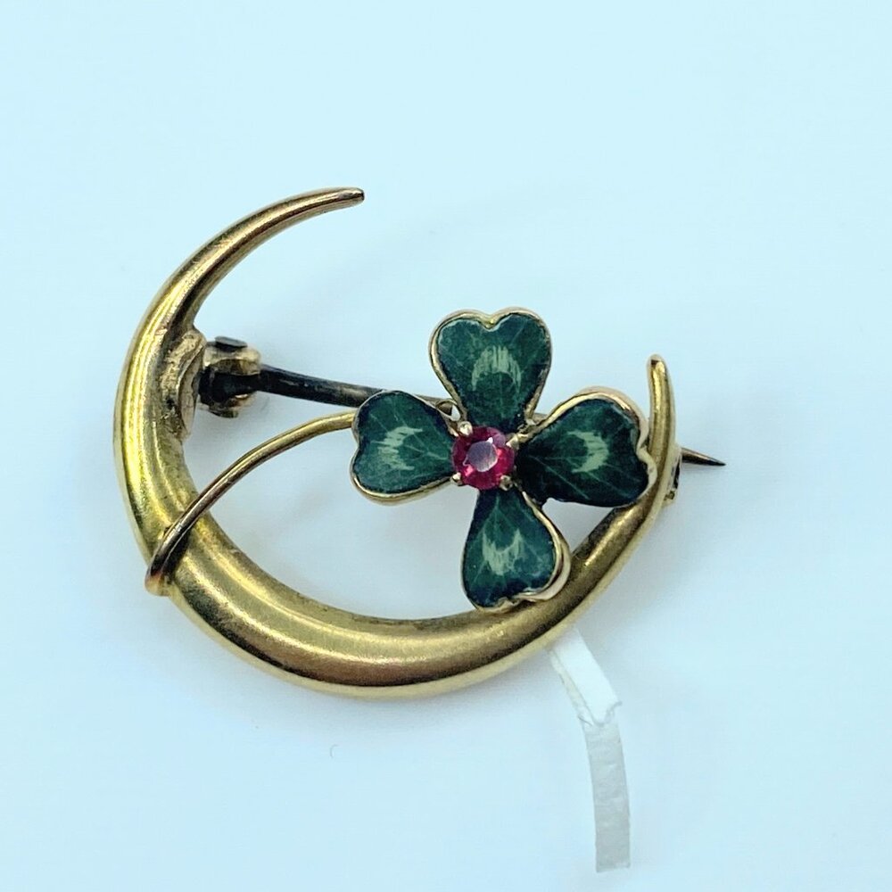 Art Deco Ruby Shamrock Clover Enamel Crescent Moo… - image 6